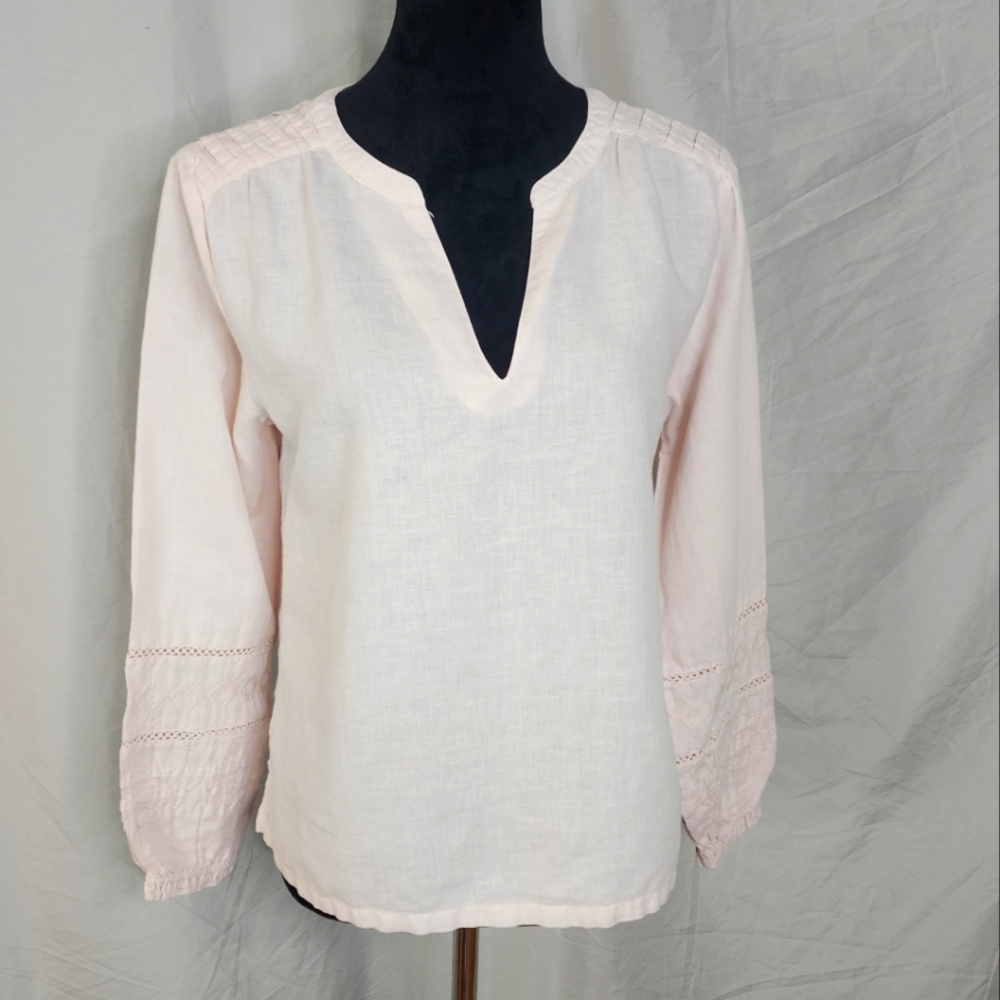 RACHEL ZOE Size Small Pink‎ Linen Cotton Balloon Sleeve Split Band V-neck Blouse - Picture 2 of 12